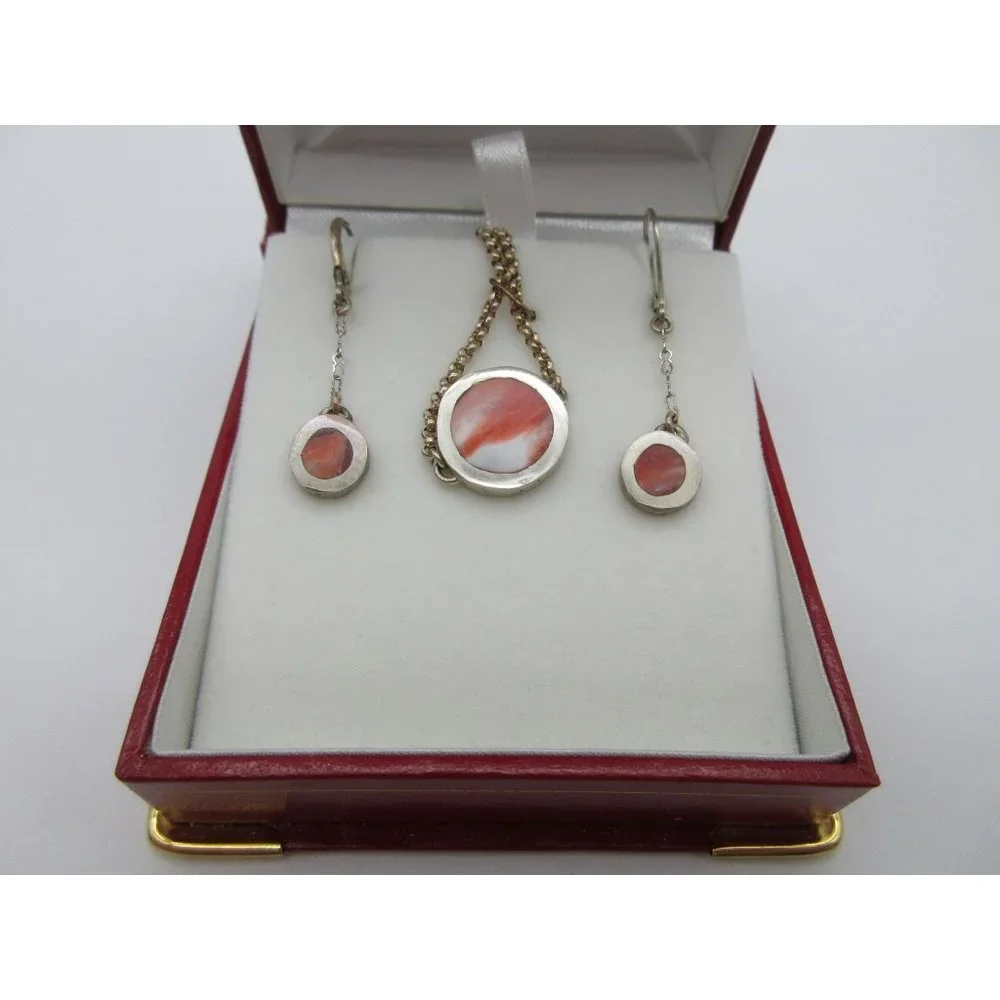 Silver Necklace and Earring Set with Coral Pink Inlay